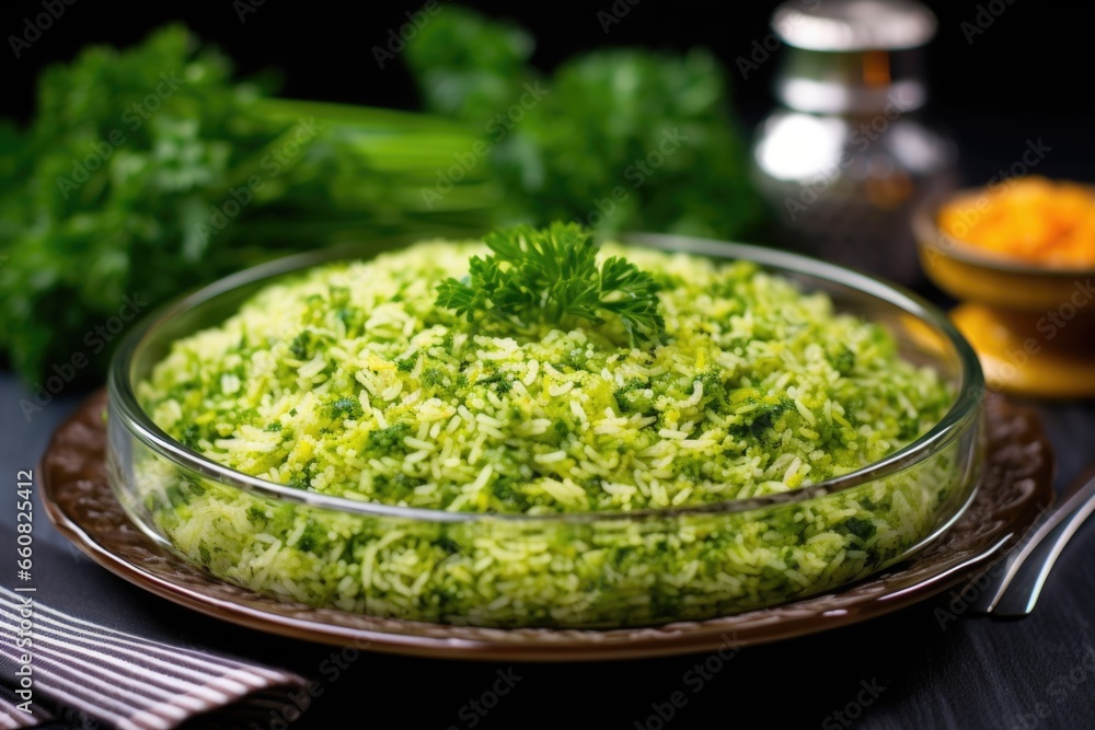 broccoli rice decorated with parsley on glass plate broccoli rice decorated with parsley on glass plate