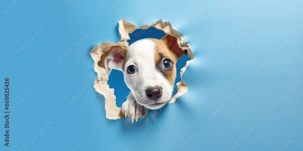 Cute Puppy peeking out of a hole in wall, torn hole, empty copy space frame, mockup. Generative AI image weber.
