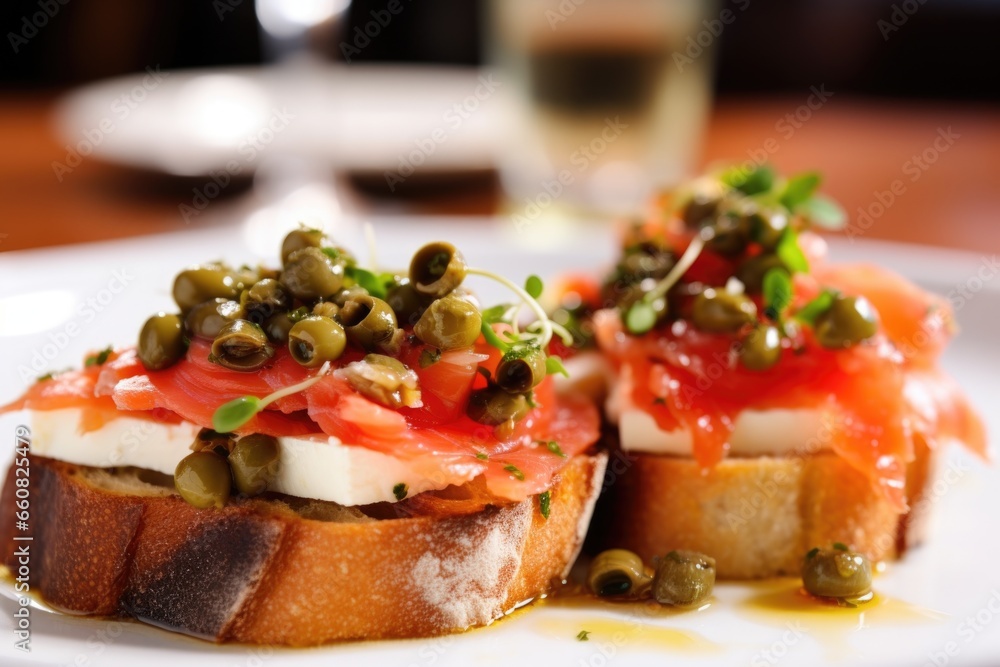 macro shot of bruschetta garnished with goat cheese and capers macro shot of bruschetta garnished with goat cheese and capers