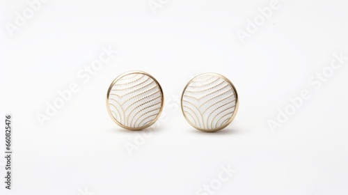 pair of round earrings on a white background. The earrings are made of gold metal and have a white enamel coating. The earrings have a wave-like pattern on them, with the gold metal showing through