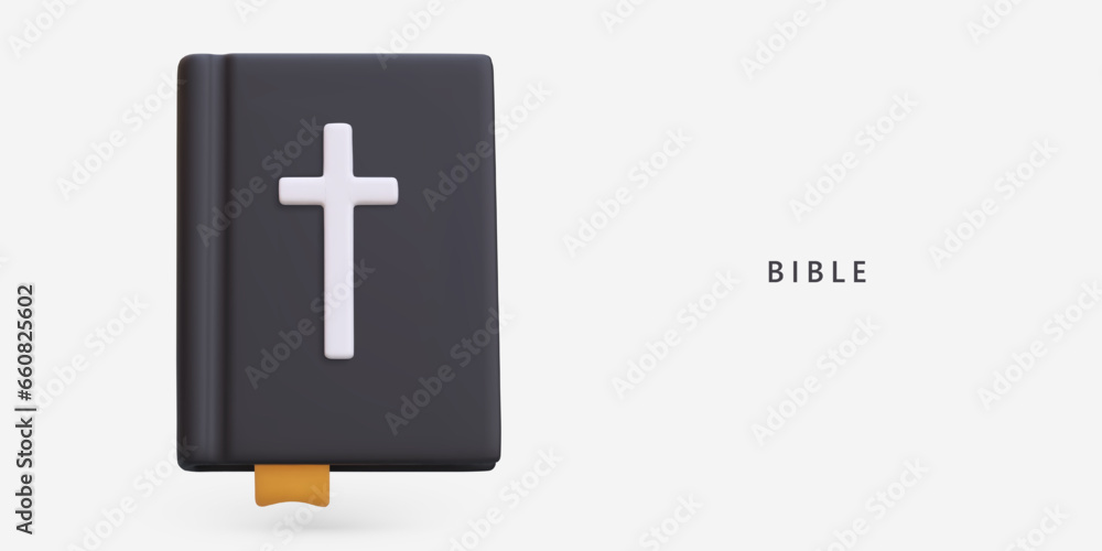 Poster with holy Bible on gray background with place for text. Christianity and law concept. Faith, truth and hope. Vector illustration in 3d realistic style Poster with holy Bible on gray background with place for text. Christianity and law concept. Faith, truth and hope. Vector illustration in 3d realistic style
