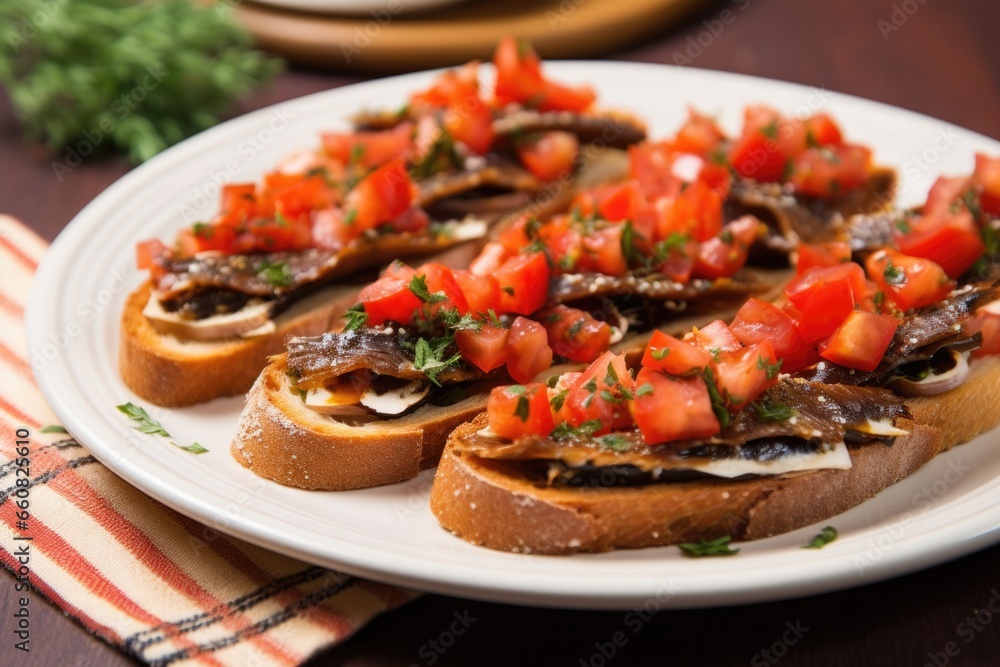 multiple slices of bruschetta topped with anchovies on a ceramic plate multiple slices of bruschetta topped with anchovies on a ceramic plate