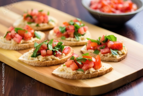 three pieces of bruschetta with hummus on a woven placemat