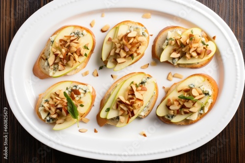 directly overhead shot of three apple gorgonzola bruschettas on a white plate