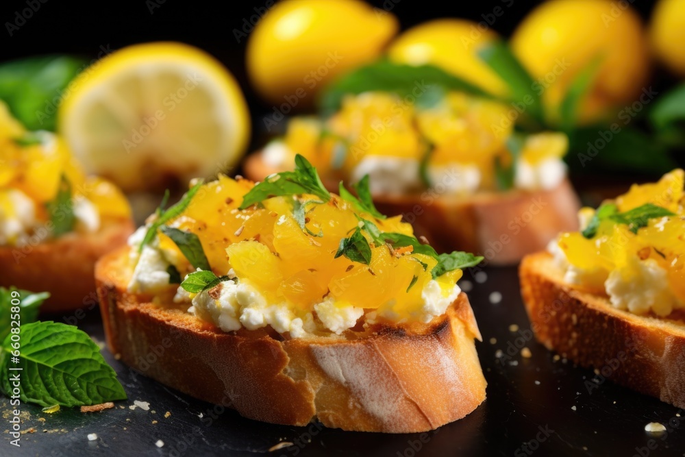 close shot of lemon zest atop golden toasted bruschetta close shot of lemon zest atop golden toasted bruschetta