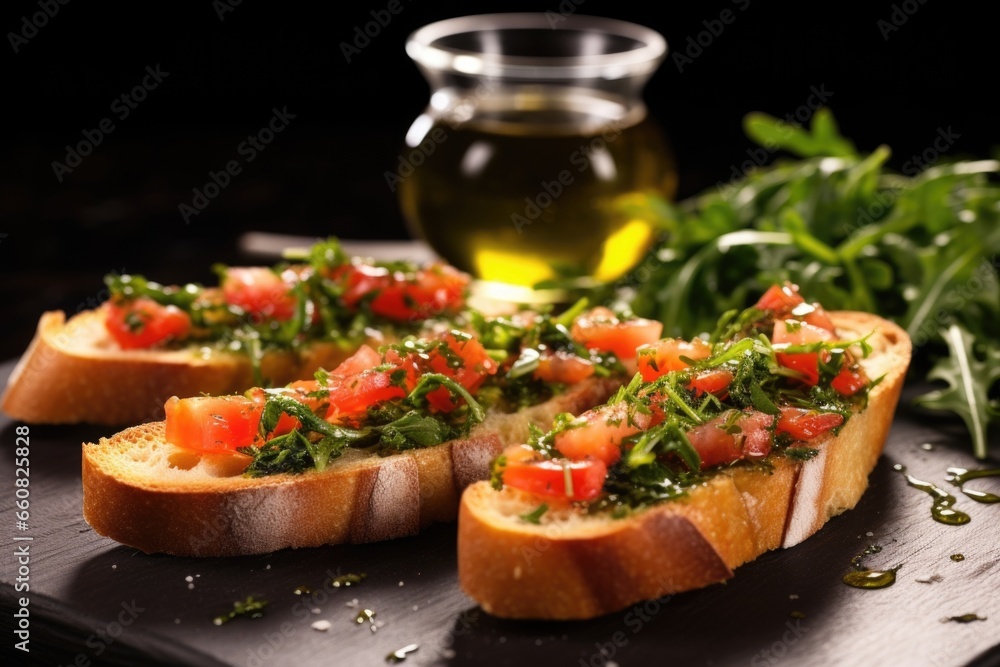 a macro shot of bruschetta with arugula and garlic-infused olive oil a macro shot of bruschetta with arugula and garlic-infused olive oil