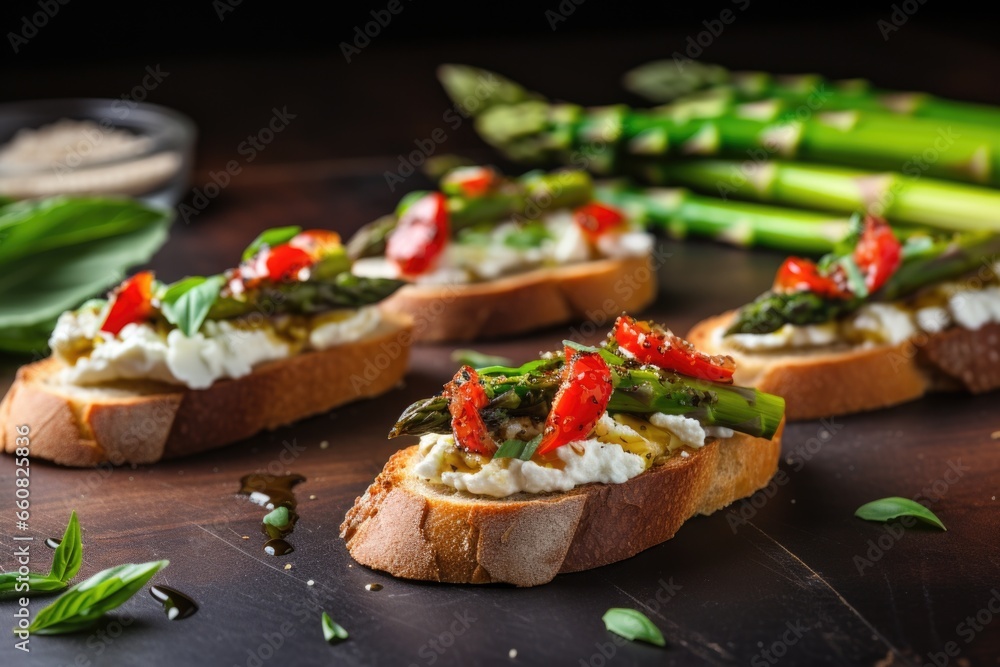 asparagus tips and cream cheese on bruschetta