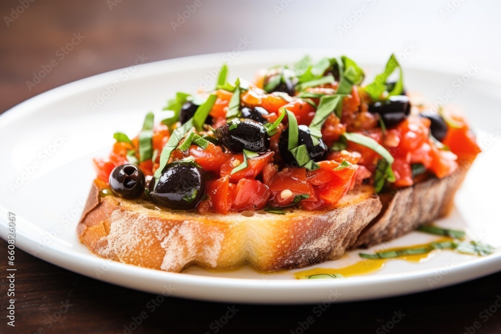a single piece of bruschetta with olives on a plain white dish