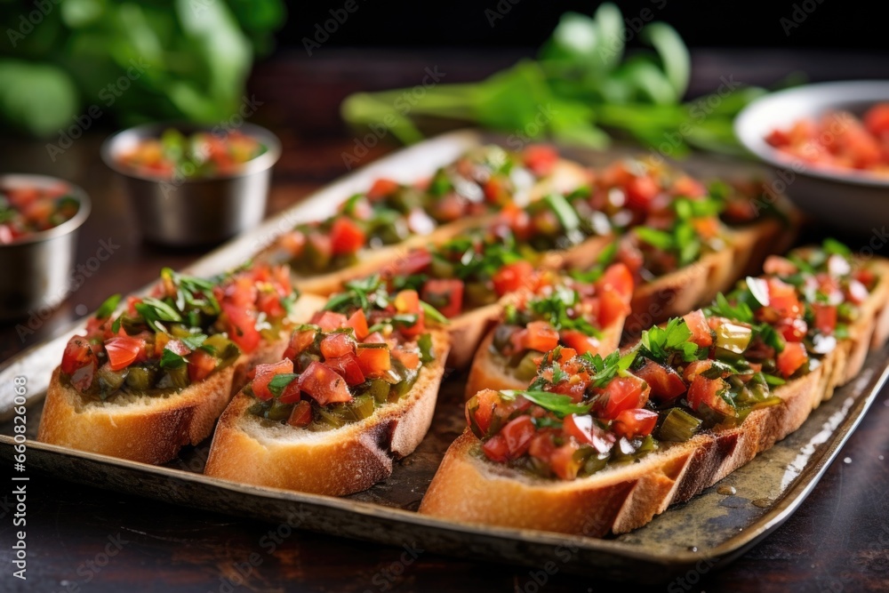 raw olive bruschetta garnished with chopped chives on a metal tray raw olive bruschetta garnished with chopped chives on a metal tray