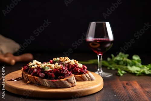 beetroot bruschetta with a glass of red wine