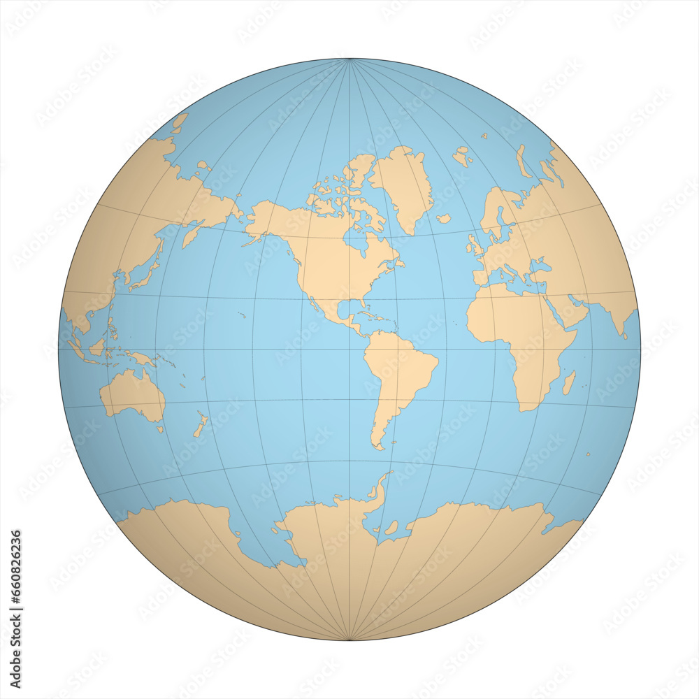 Simplified Map of World in the circle focused on Americas. Latitude and longitude grid. Van der Grinten projection. Thin black line wireframe vector illustration Simplified Map of World in the circle focused on Americas. Latitude and longitude grid. Van der Grinten projection. Thin black line wireframe vector illustration