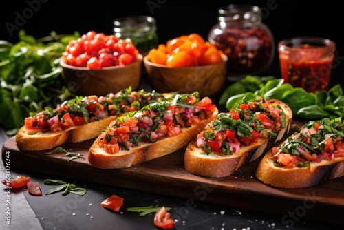 side-angled view of a spread of multiple bruschetta