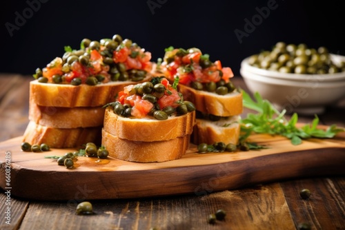 stacked bruschetta with capers on rustic wooden board