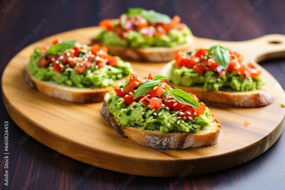 three slices of edamame bruschetta on a circular board three slices of edamame bruschetta on a circular board
