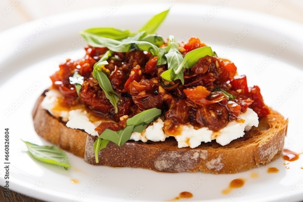 close-up of bruschetta with ricotta and sun-dried tomatoes on a white plate