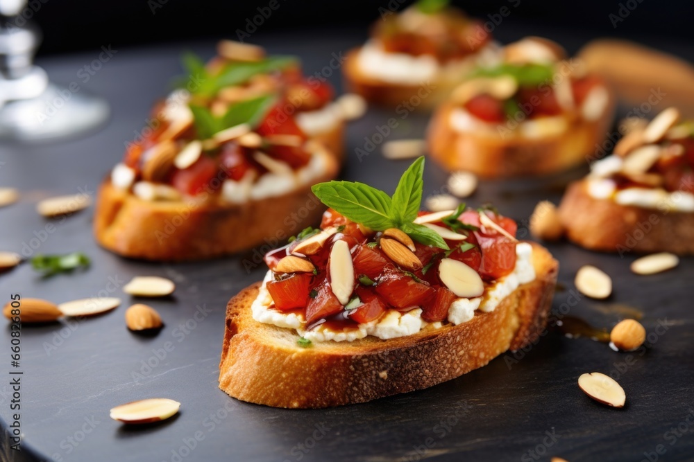 bruschetta with ricotta topped with sliced almonds on a granite counter