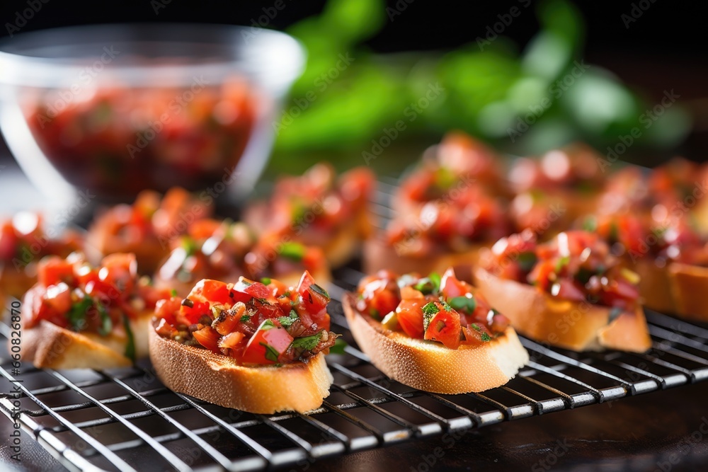 bruschetta on a cooling rack with cloves of garlic nearby bruschetta on a cooling rack with cloves of garlic nearby