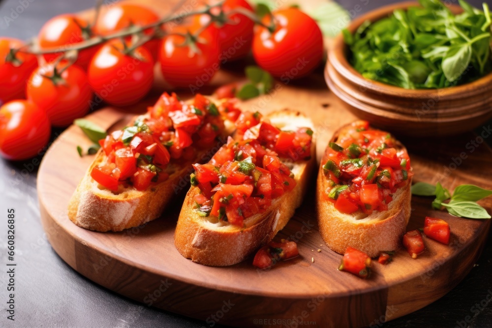bruschetta on a bamboo platter next to a bunch of thyme bruschetta on a bamboo platter next to a bunch of thyme