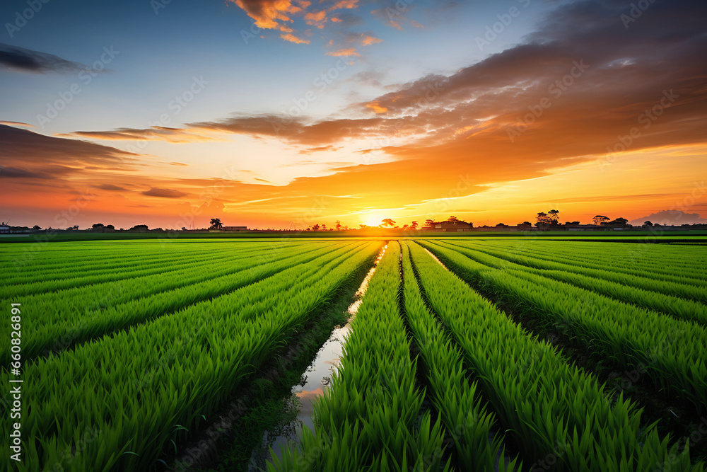 Idyllic Sunrise over Rice Fields Idyllic Sunrise over Rice Fields