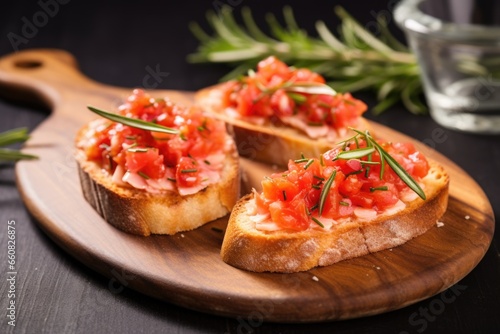 two bruschetta pieces on a stone board surrounded by rosemary sprigs