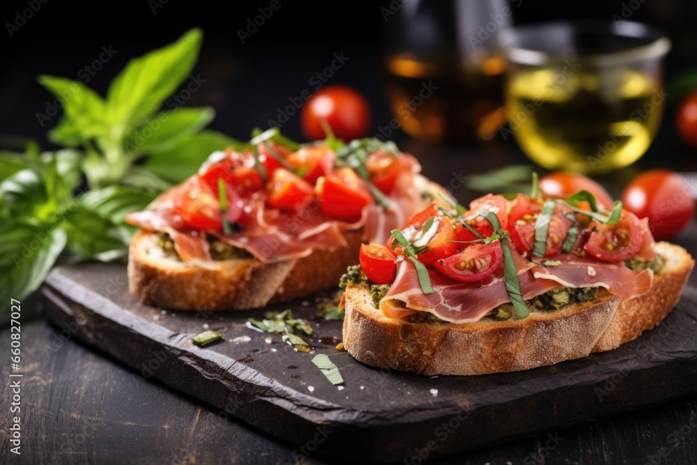 serrano ham bruschetta with exotic herbs on rustic surface serrano ham bruschetta with exotic herbs on rustic surface