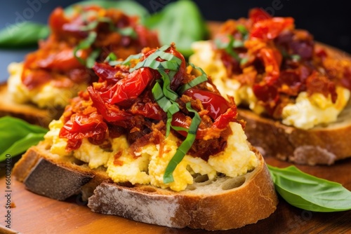 close-up of scrambled eggs on bruschetta with sun-dried tomatoes added