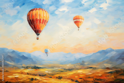 Landscape with beautiful balloons. Impressionism style oil painting. © Osadchyi_I