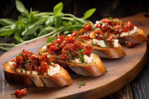bruschetta with goat cheese and sun-dried tomatoes on a rustic tabletop