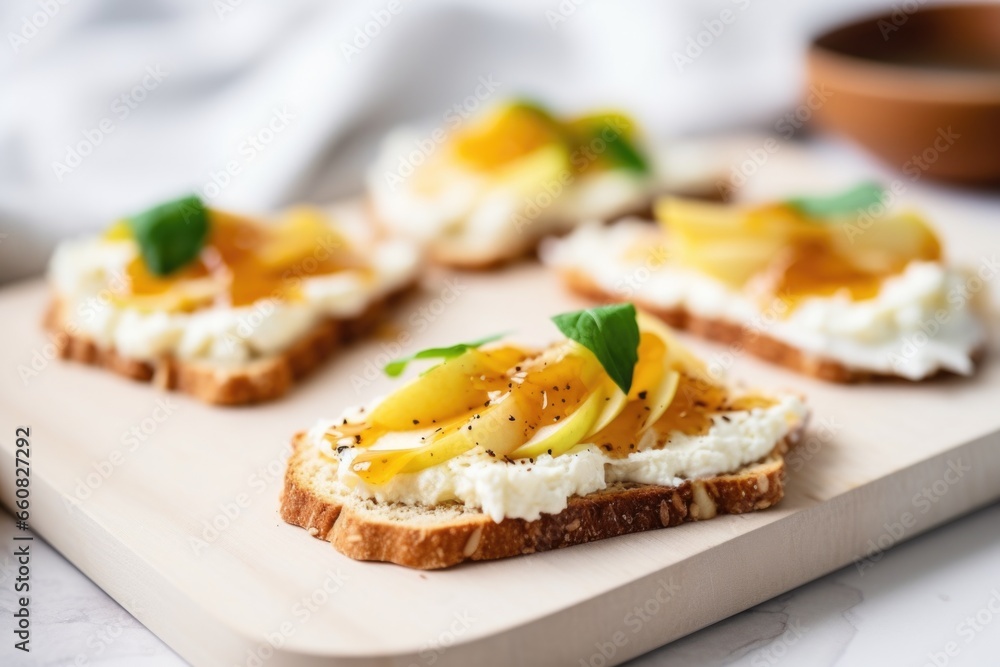 pear bruschetta with a cheese spread on white toast pear bruschetta with a cheese spread on white toast