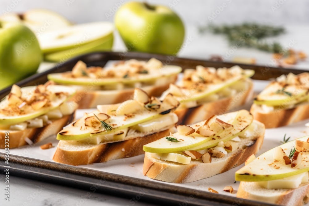 toasted baguette slices with pear toppings on tray