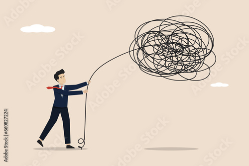 Leadership to handle business problems, crisis management concept, smart businessman calmly controls and solves chaos problems. Illustration of a successful businessman.