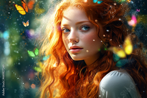 Ginger hair girl with batterflies. Dreamlike image