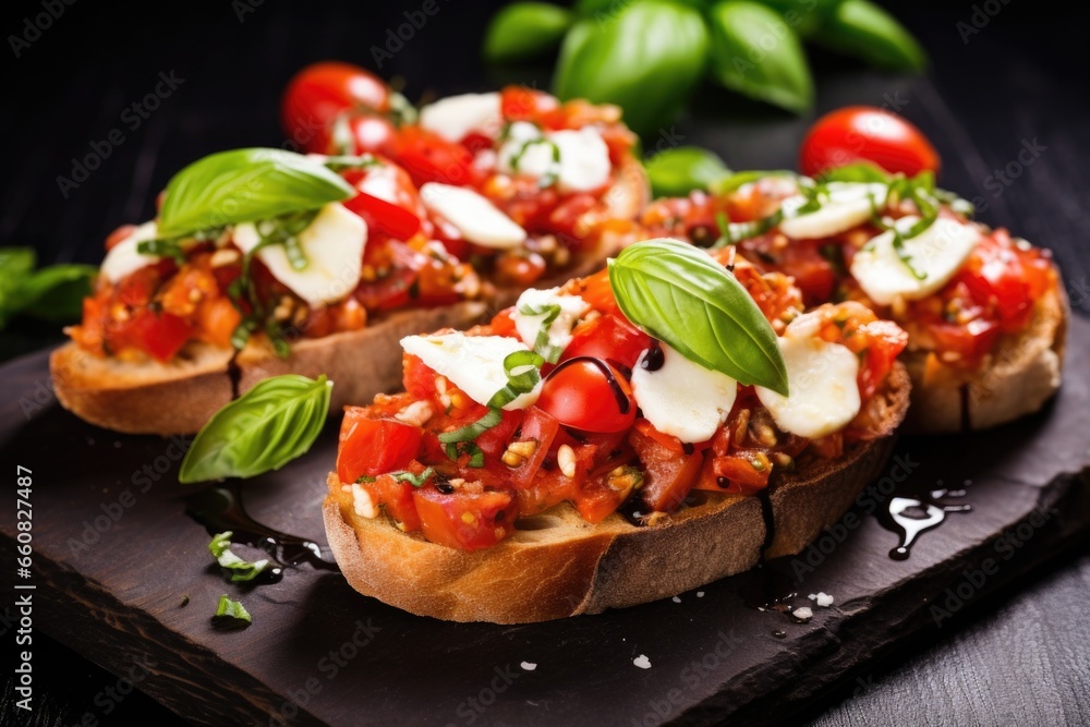 freshly-baked bruschetta with mozzarella and finely chopped basil freshly-baked bruschetta with mozzarella and finely chopped basil