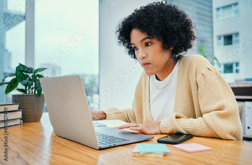 Woman with laptop, typing and notes in home office with research, internet and reading ideas for freelance project. Remote work, web report and girl with computer, thinking or writing online feedback