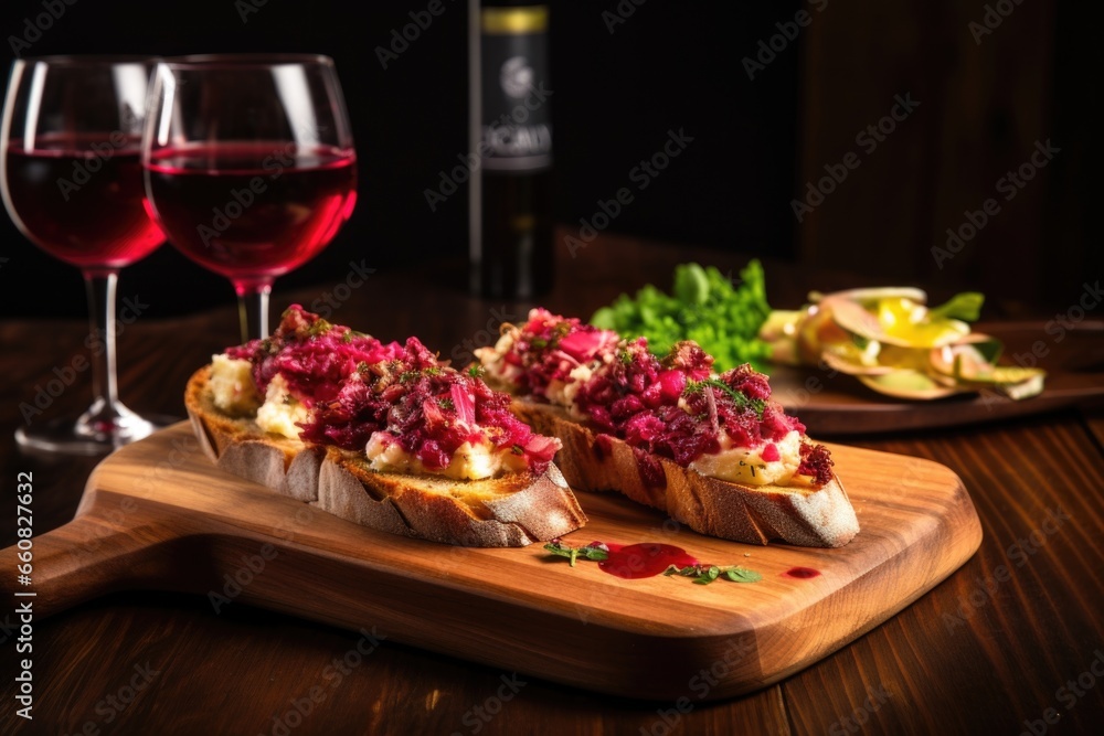 bruschetta with pickled beetroot on a wooden board