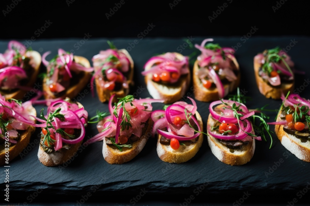 neatly arranged bruschetta with pickled onions