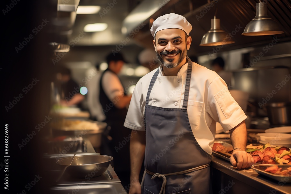 Portrait of a smiling chef standing in the kitchen of a restaurant Portrait of a smiling chef standing in the kitchen of a restaurant