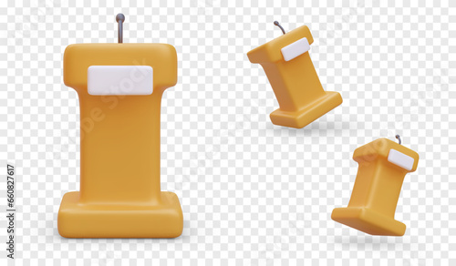 3D yellow tribune with microphone. Vector object, view from different sides. Blank sign, mockup. Furniture for speaker, lecturer. Equipment for conference, lecture hall