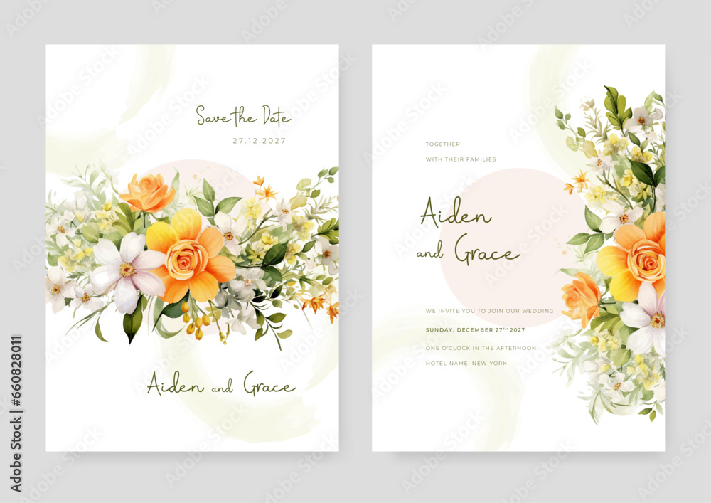 Orange and white cosmos and rose beautiful wedding invitation card template set with flowers and floral - obrazy, fototapety, plakaty 