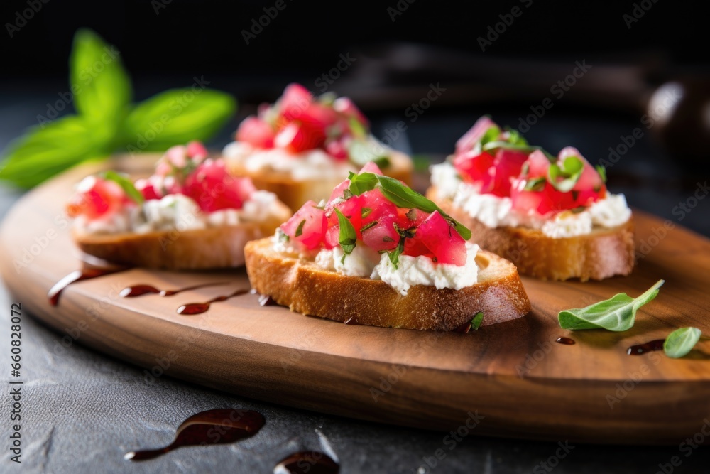 bruschetta with sliced radish and goat cheese spread