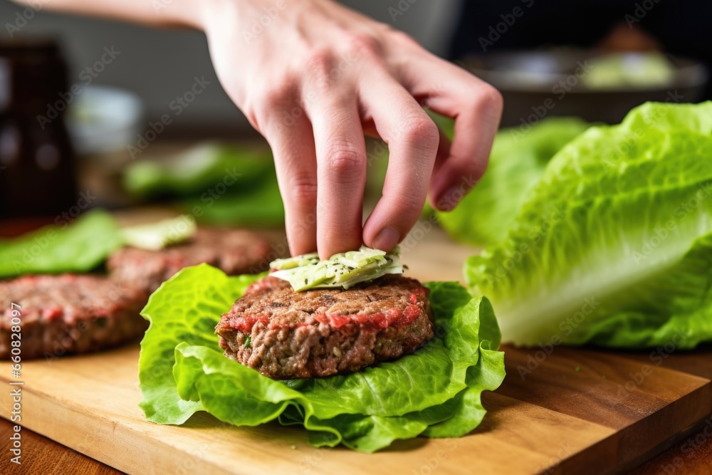 hand arranging lettuce on a beef burger patty