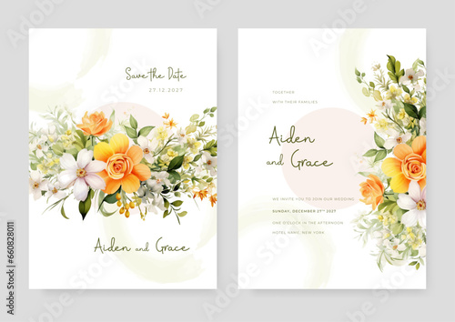 Orange and white cosmos and rose beautiful wedding invitation card template set with flowers and floral