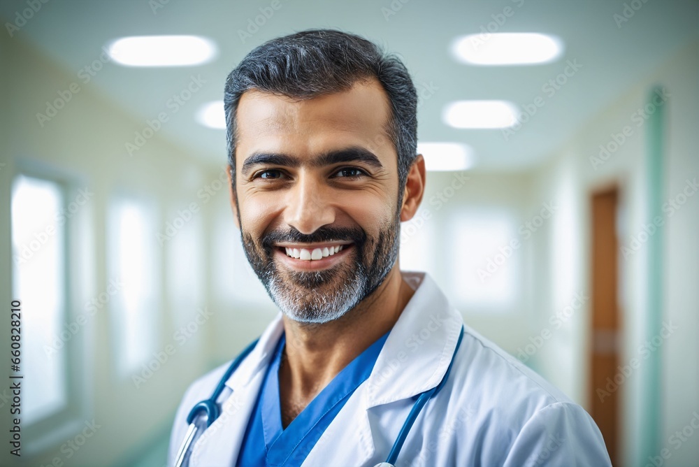 AI generated illustration of a male doctor in uniform in a hospital hallway AI generated illustration of a male doctor in uniform in a hospital hallway
