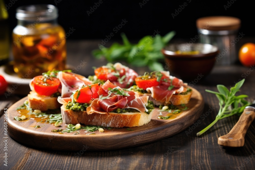 serrano ham bruschetta with exotic herbs on rustic surface serrano ham bruschetta with exotic herbs on rustic surface