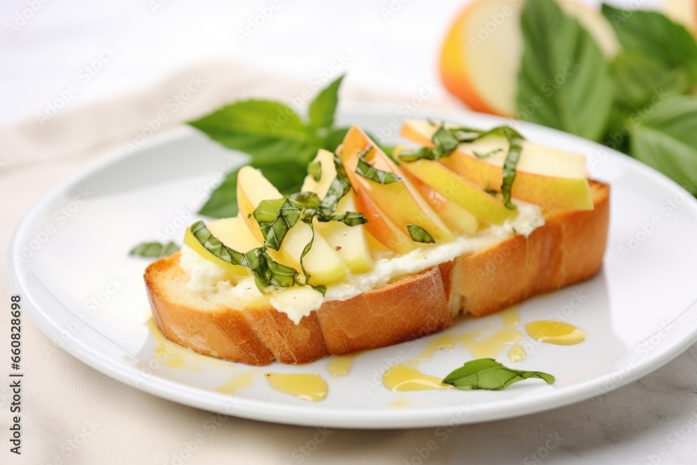 pear bruschetta on white plate with basil leaves