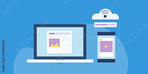 Content delivery network with cloud hosting technology, website or blog, video content display on digital device screen, internet connection network cloud computing technology, vector illustration.