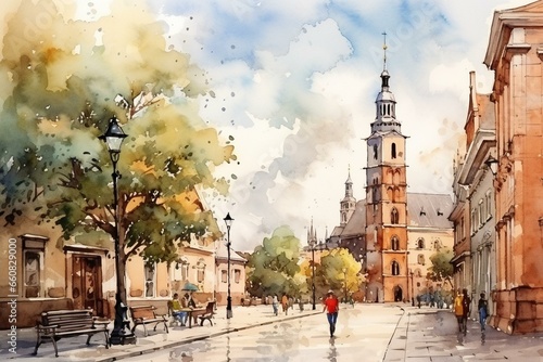 Scenic street in ancient Krakow, Poland with a charming church in the backdrop, depicted in watercolor. Generative AI