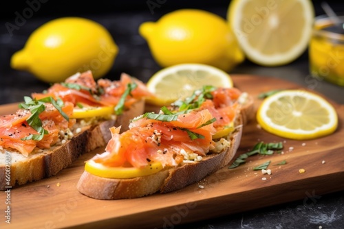 smoked salmon bruschetta highlighted with slices of lemon