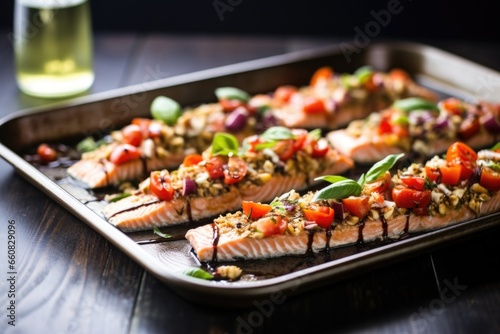 bruschetta salmon on a metal serving tray