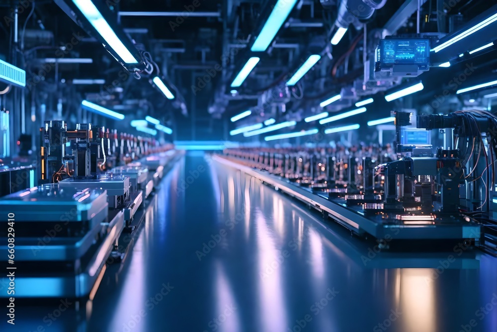 An automated robotic assembly line producing consumer electronics An automated robotic assembly line producing consumer electronics